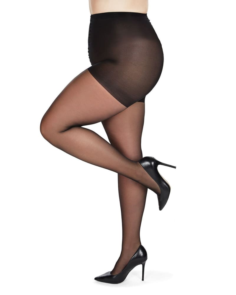 Side of a model wearing a size XL Crystal Sheer Control Top Pantyhose in Black by Memoi. | dia_product_style_image_id:299510